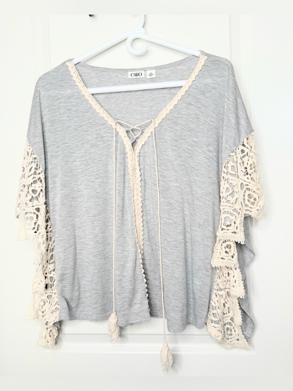 Cato Womens M Gray Boho Top Crochet Lace Bell Sleeve Lace Up Festival Blouse